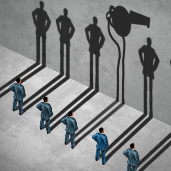 Men stand facing a wall, their shadows cast on it. One man's shadow is shaped like a whistle to represent his status as a whistleblower.