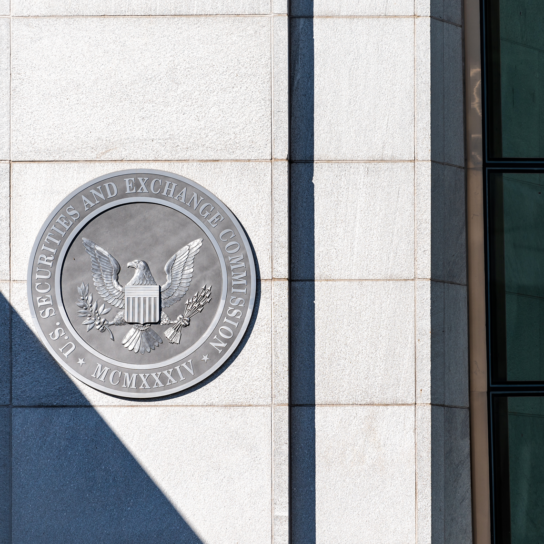 A photo of the seal of the SEC on the headquarters.